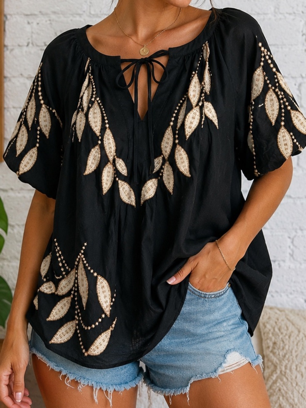 Philosophy Cotton Peasant Blouse Black Beige Size Large NWT